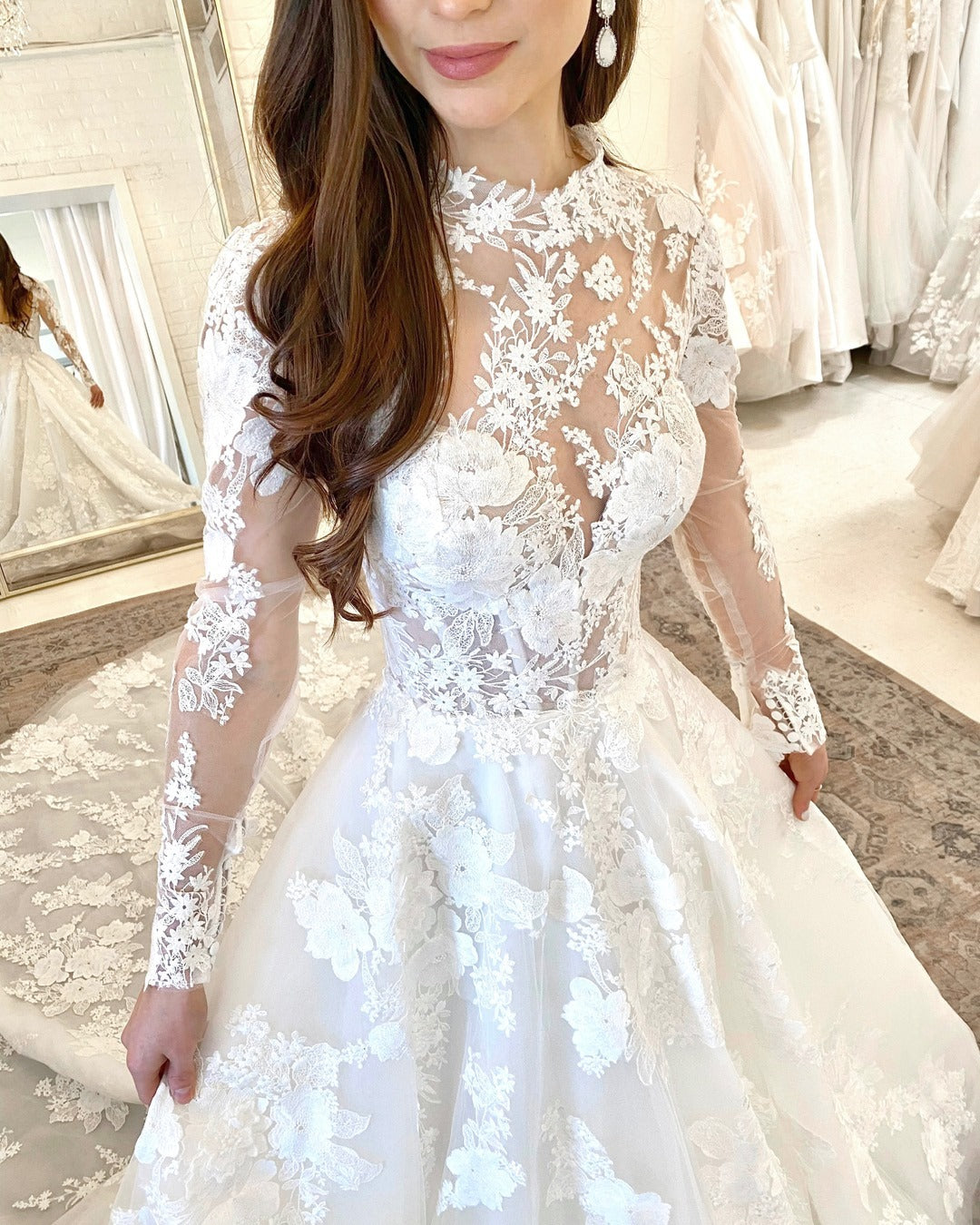 A-line High Neck Tulle Appliques Lace Wedding Dresses with Long Sleeve 27dress A-line High Neck Tulle Appliques Lace Wedding Dresses with Long Sleeve 27dress
