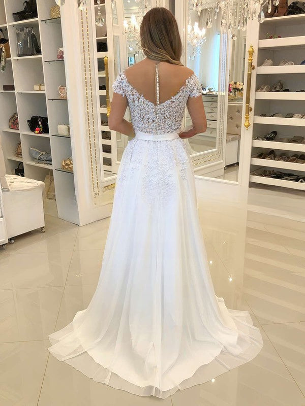 A-line Illusion Chiffon Wedding Dress with Pearl Detailing – 27dress