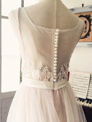 A-Line Illusion Tulle Sweep Train Wedding Dress with Appliques Lace