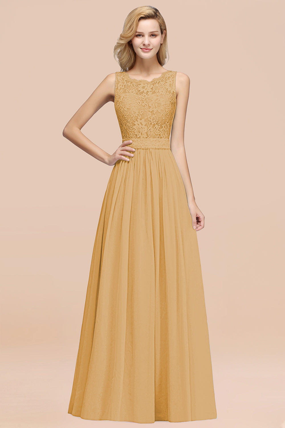 A-Line Lace Scalloped Chiffon Long Bridesmaid Dress with Ruffles-27Dress