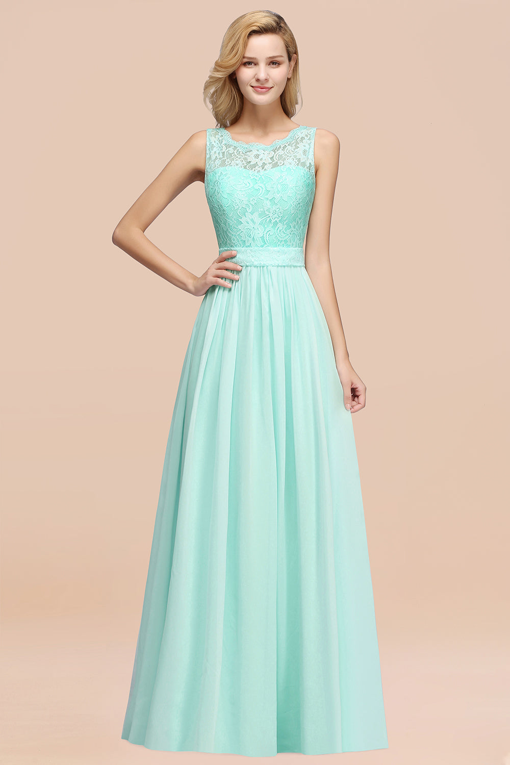 A-Line Lace Scalloped Chiffon Long Bridesmaid Dress with Ruffles-27Dress