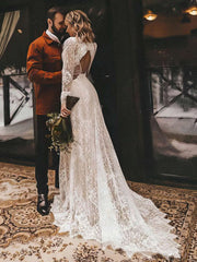 A-line Lace V-neck Long Sleeves Wedding Dress with Sashes and Sweep Train-27dress