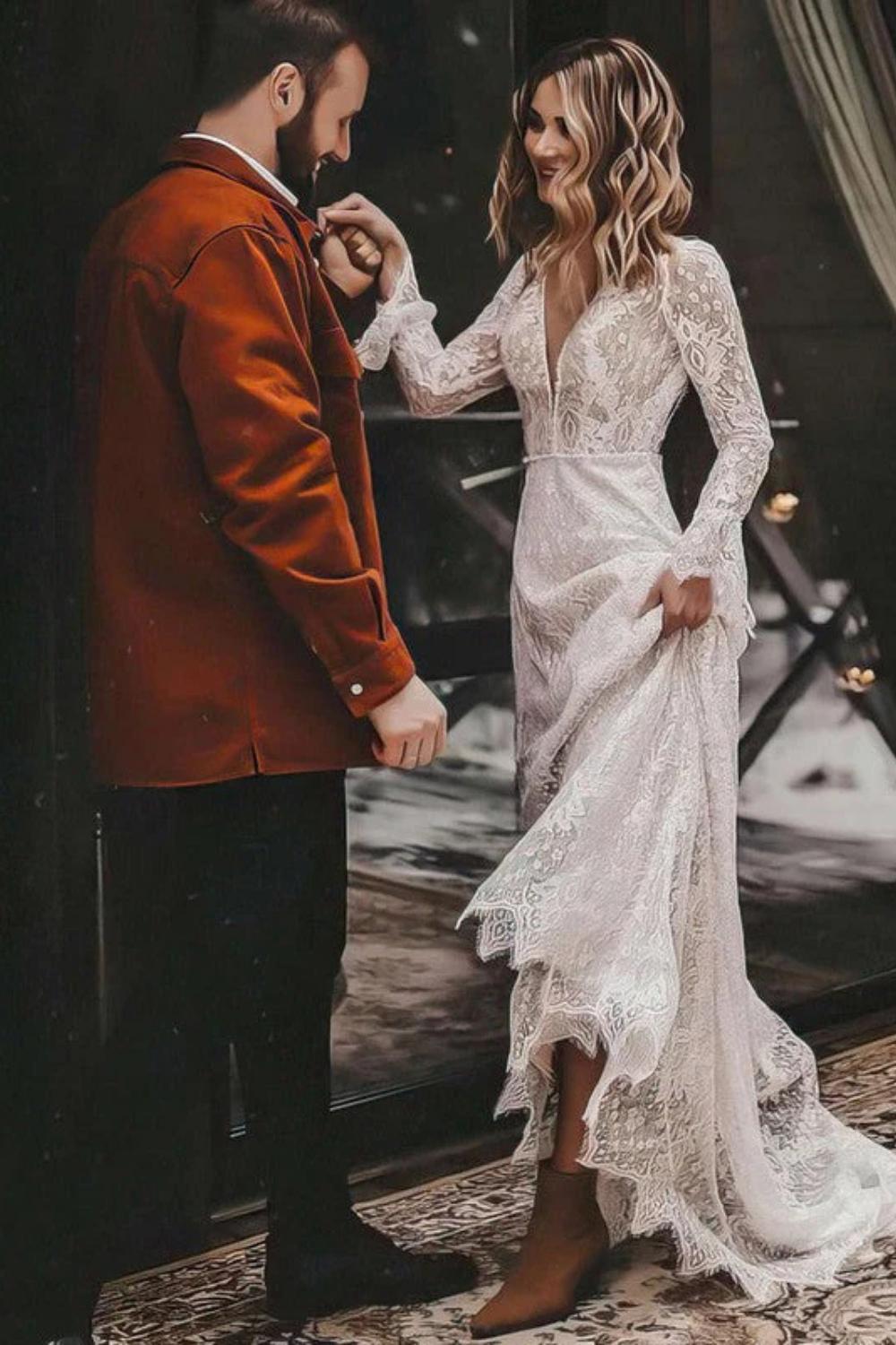 A-line Lace V-neck Long Sleeves Wedding Dress with Sashes and Sweep Train-27dress