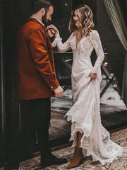 A-line Lace V-neck Long Sleeves Wedding Dress with Sashes and Sweep Train-27dress