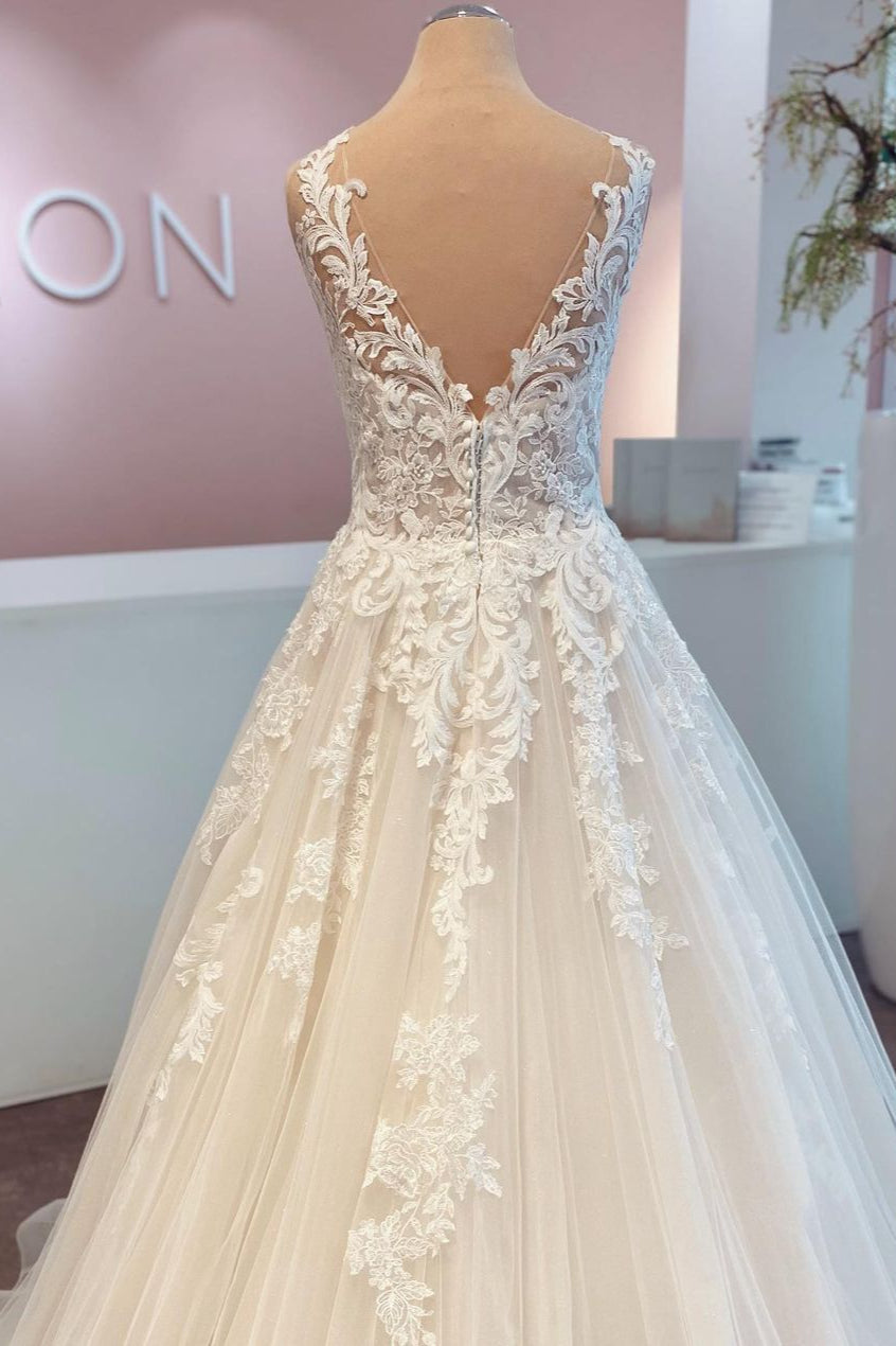 A-Line Lace Wedding Dress Sleeveless Long Bridal Gowns-27dress