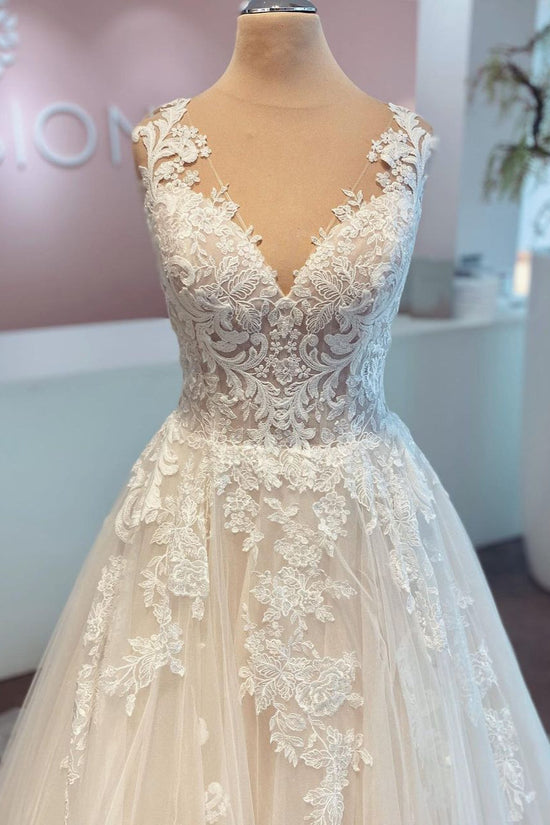 A-Line Lace Wedding Dress Sleeveless Long Bridal Gowns-27dress