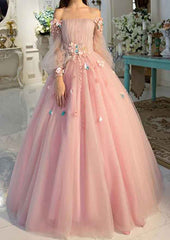 A-Line Off The Shoulder Long Sleeve Tulle Prom Dress with Pleated Detail-27dress