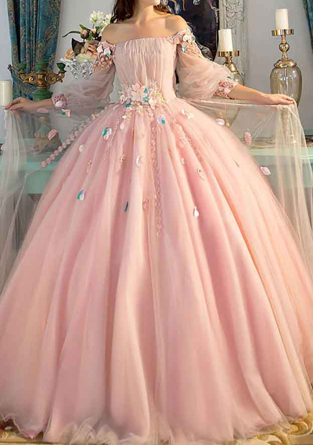A-Line Off The Shoulder Long Sleeve Tulle Prom Dress with Pleated Detail-27dress