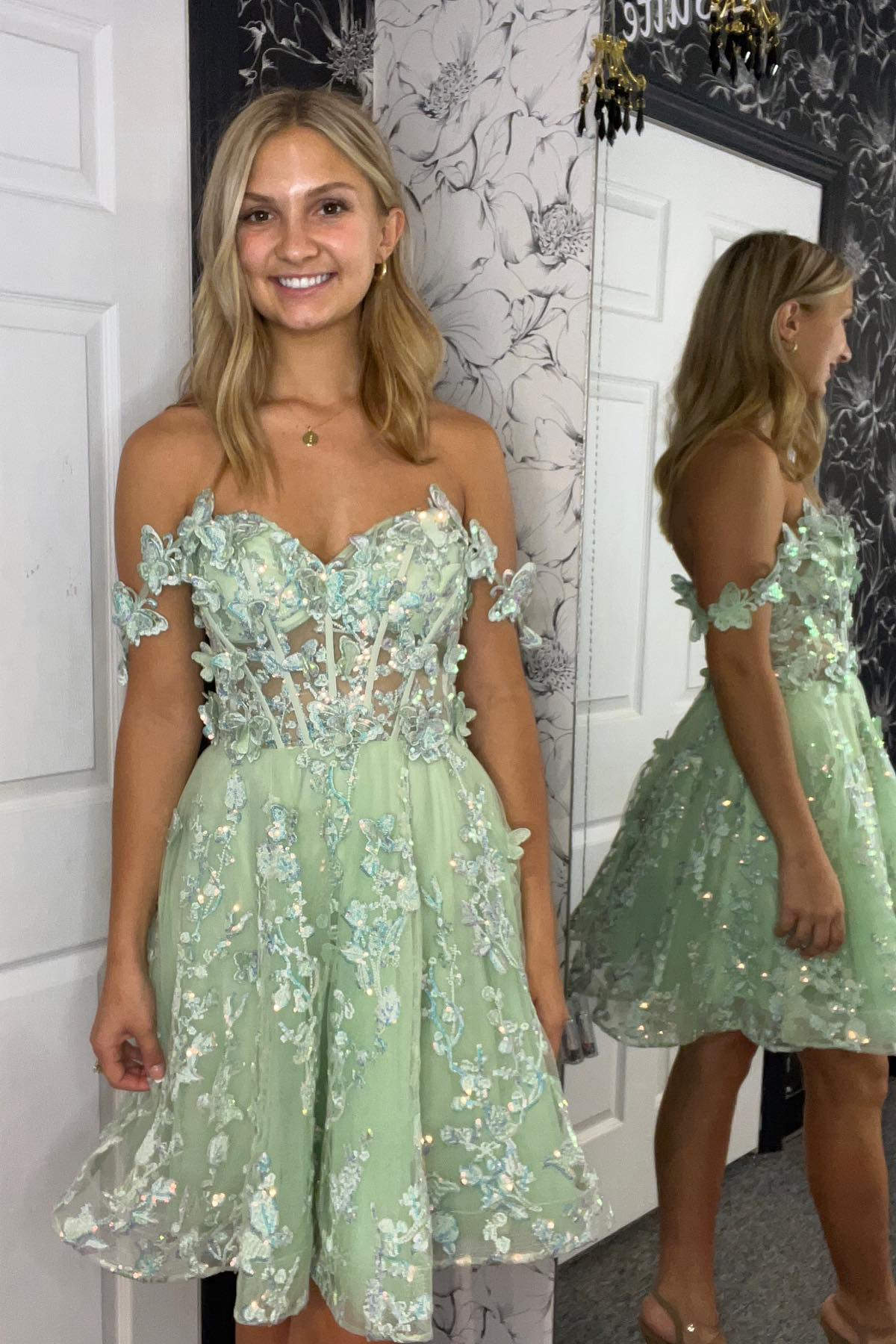 boho hoco dresses A-Line Off Shoulder Sage Short Homecoming Dress