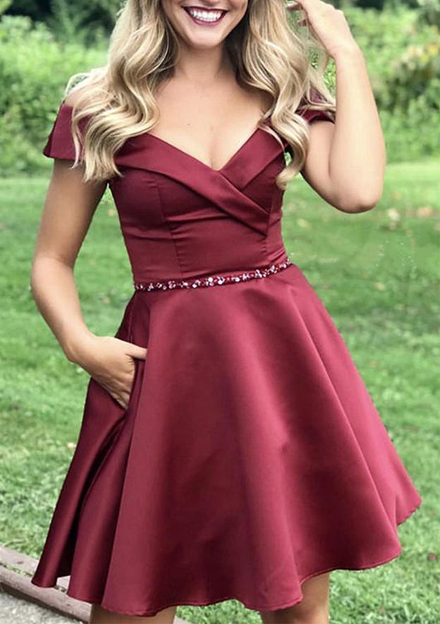 A-Line Off-the-Shoulder Satin Homecoming Dress With Beading Pockets-27dress