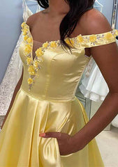 A-line Off-the-Shoulder Satin Prom Dress with Beading Flowers-27dress