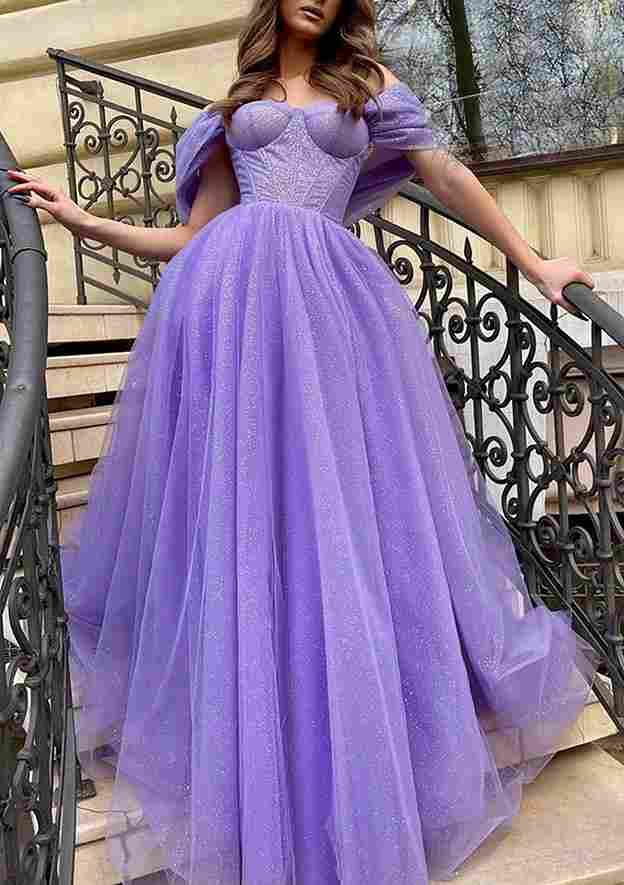 A-line Off-the-Shoulder Sleeveless Court Train Glitter Tulle Prom Dress With Split Pleated-27dress