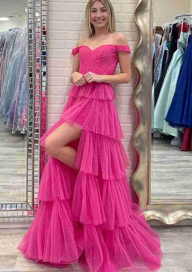 A-line Off-the-Shoulder Sleeveless Long Tulle Prom Dress With Beading Split Glitter-27dress