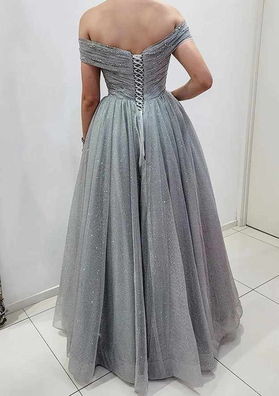 Sexy Tulle One Shoulder Sleeveless Side Slit A-Line Long Prom Dresses With Applique, PD0925