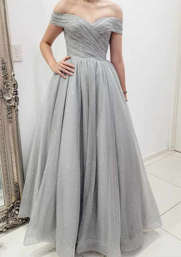 A-line Off-the-Shoulder Sleeveless Long Tulle Prom Dress with Glitter Pleats-27dress