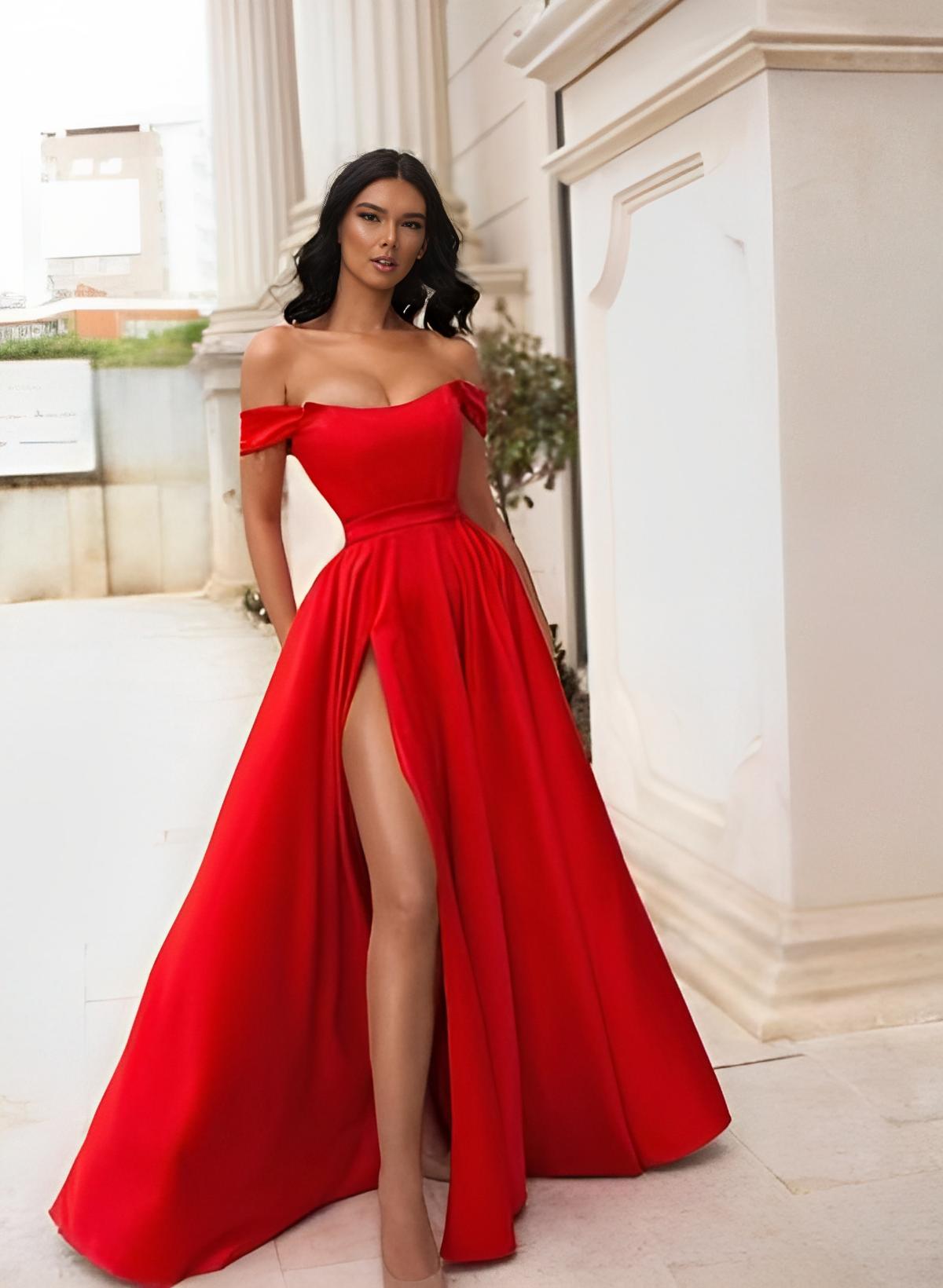 A-Line Off-the-Shoulder Sleeveless Satin Floor-Length Prom Dress With Split Front-27dress