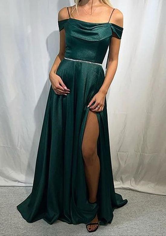 A-Line Off-the-Shoulder Sleeveless Satin Prom Dress with Pleated Waistband Split-27dress