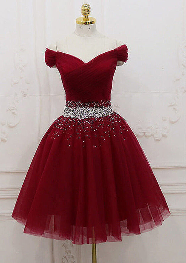 A-Line Off-the-Shoulder Sleeveless Tulle Homecoming Dress with Pleated Beading - 27Dress