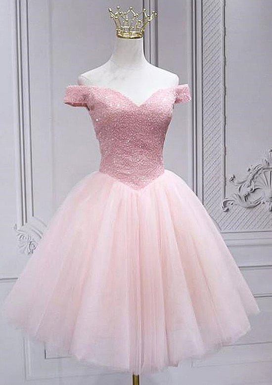 A-line Off-the-Shoulder Sleeveless Tulle Short/Mini Homecoming Dress with Sequins Beading-27dress