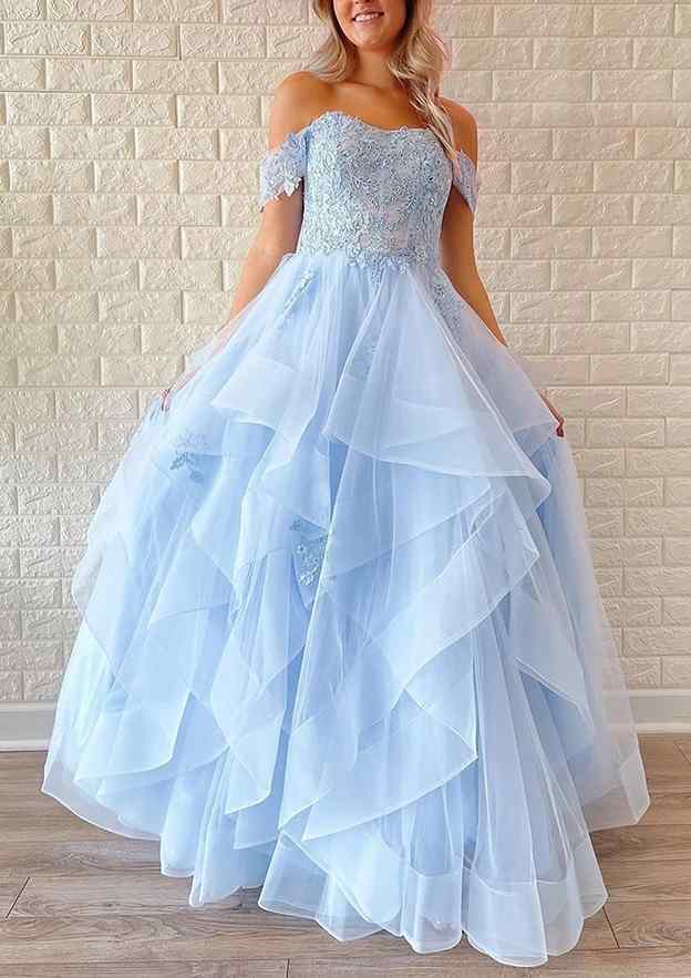 A-Line Off-the-Shoulder Tulle Prom Dress With Appliqued Beading Ruffles and Sequins-27dress