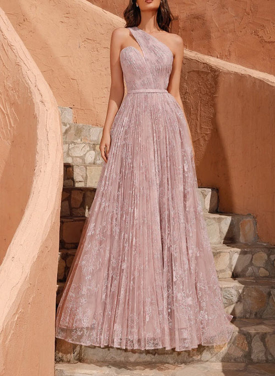 A-Line One-Shoulder Floor-Length Lace Prom Dress with Pleated Detail-27dress