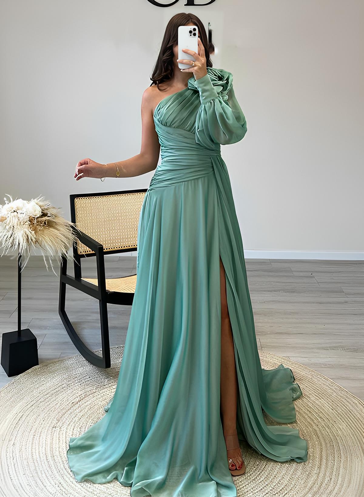 Load image into Gallery viewer, A-Line One-Shoulder Long Sleeves Chiffon Prom Dress with Sweep Train-27dress
