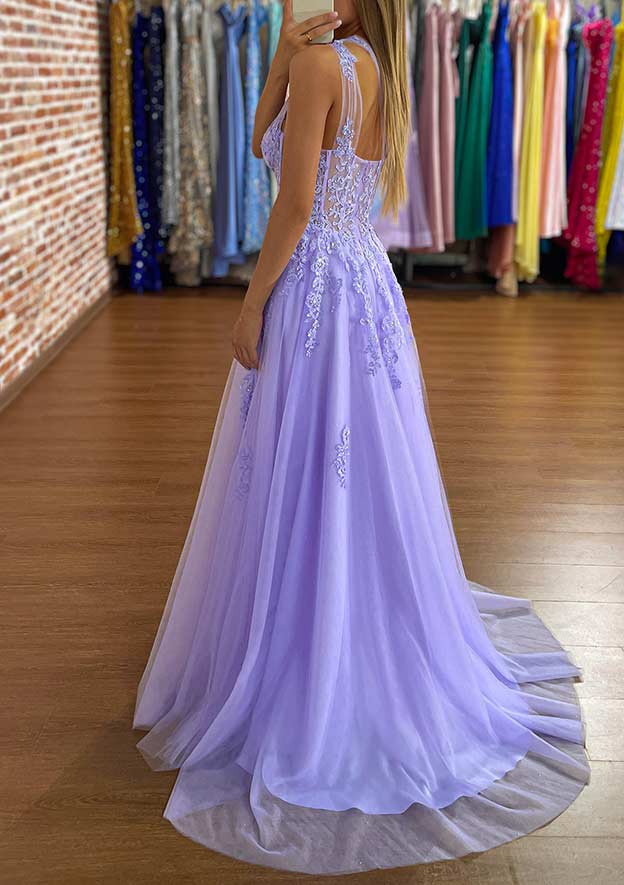 A-line One-Shoulder Prom Dress with Appliques and Sweep Train Tulle Skirt-27dress