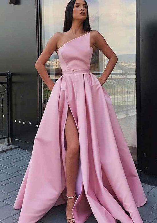 A-Line One-Shoulder Satin Prom Dress with Pockets Waistband Split and Floor-Length Style-27dress
