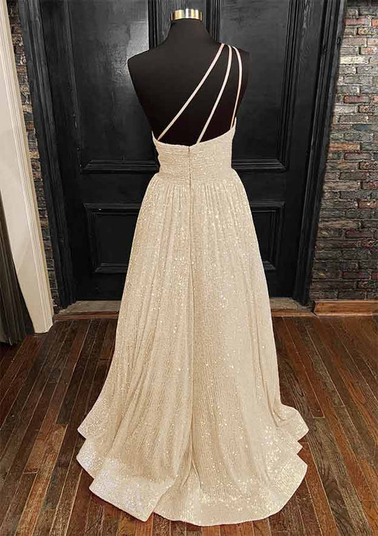 A-line One-Shoulder Sleeveless Long/Floor-Length Sequined Prom Dress With Pockets-27dress