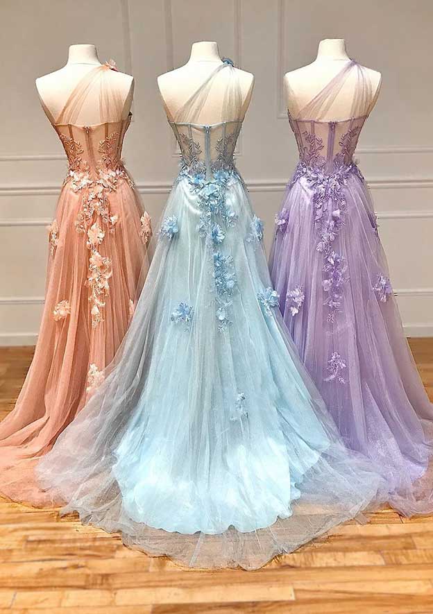 A-line One-Shoulder Sleeveless Long/Floor-Length Tulle Prom Dress with Appliqued Split-27dress