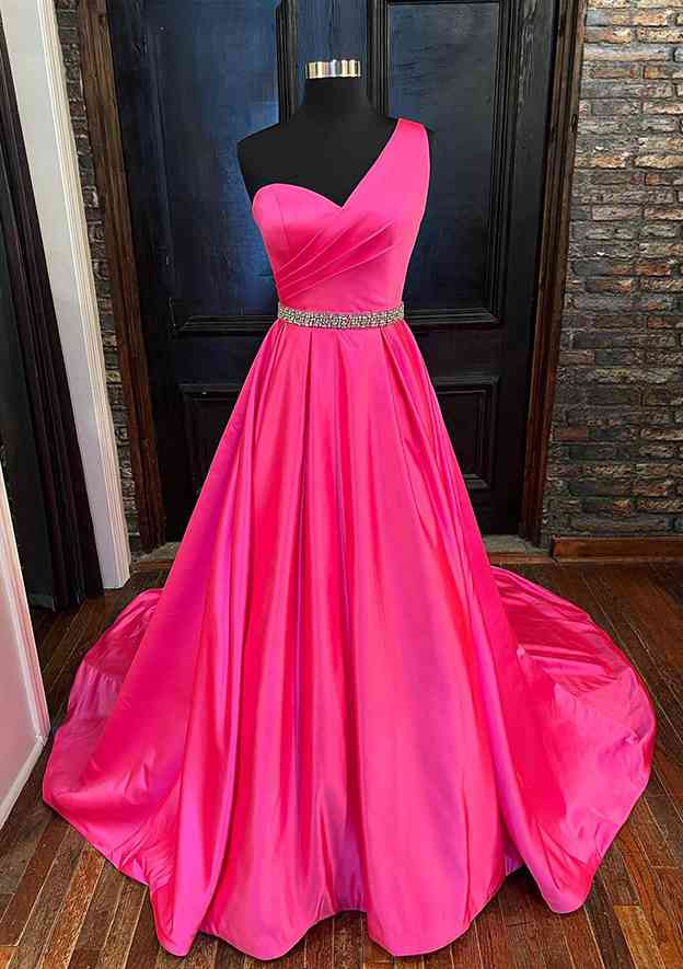 A-line One-Shoulder Sleeveless Satin Long/Floor-Length Prom Dress with Beading Pleated-27dress