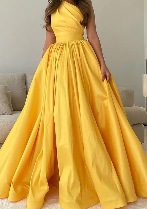 A-line One-Shoulder Sleeveless Sweep Train Satin Prom Dress with Pleated Detail-27dress