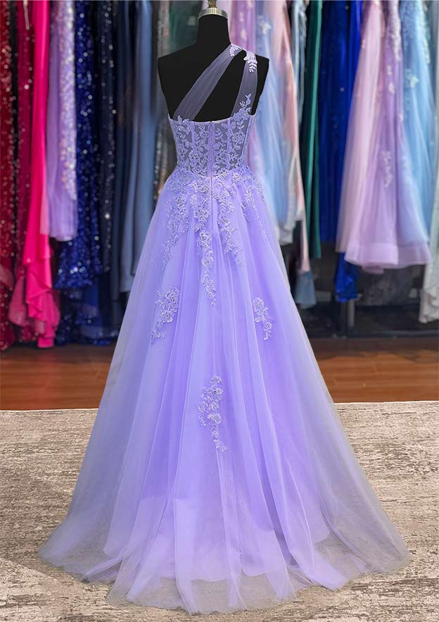A-Line One-Shoulder Tulle Prom Dress with Appliques and Beading-27dress
