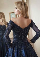 A-Line Princess Off-the-Shoulder Satin Evening Dress with Beading and Pleated Appliqu¡§|s-27dress