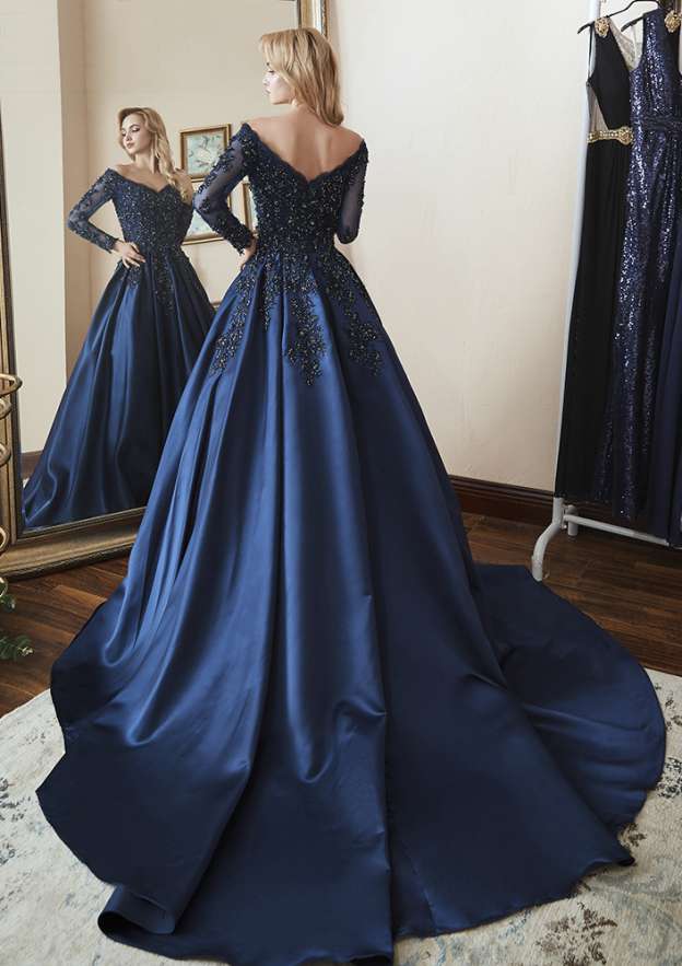 A-Line Princess Off-the-Shoulder Satin Evening Dress with Beading and Pleated Appliqu¡§|s-27dress