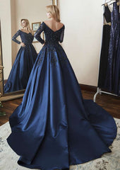 A-Line Princess Off-the-Shoulder Satin Evening Dress with Beading and Pleated Appliqu¡§|s-27dress