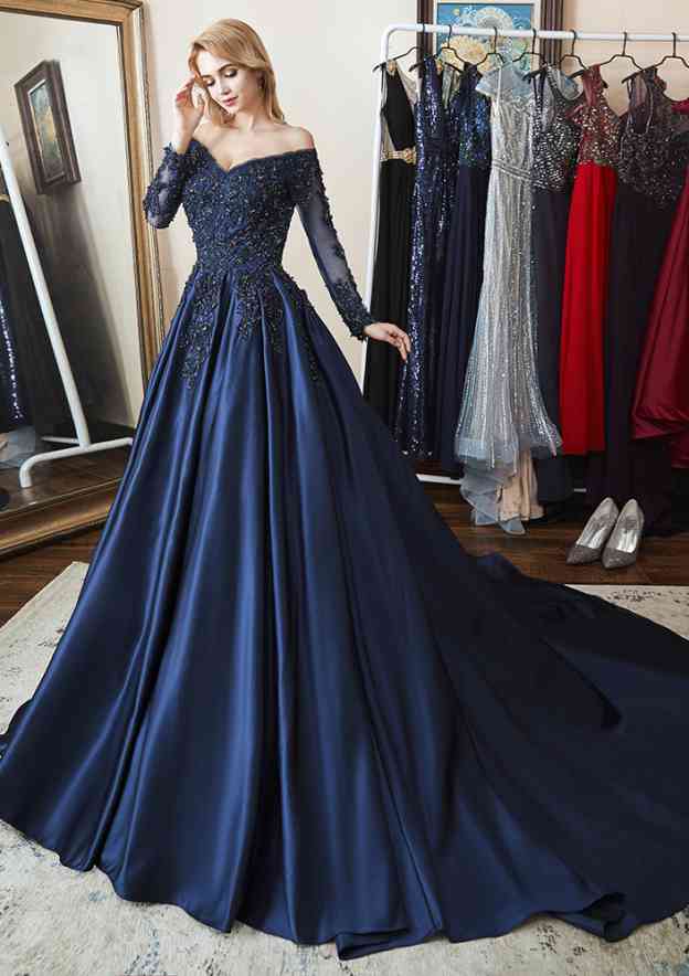 A-Line Princess Off-the-Shoulder Satin Evening Dress with Beading and Pleated Appliqu¨¦s-27dress