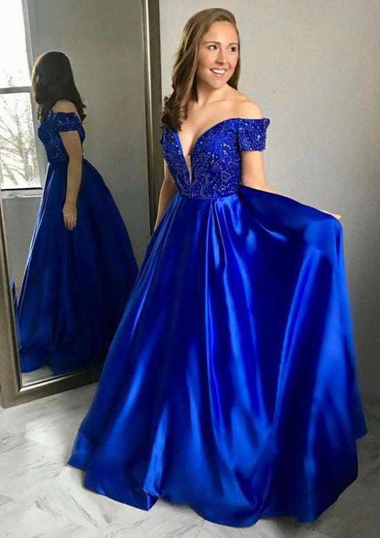 Load image into Gallery viewer, A-Line Princess Off-the-Shoulder Satin Prom Dress with Beading-27dress
