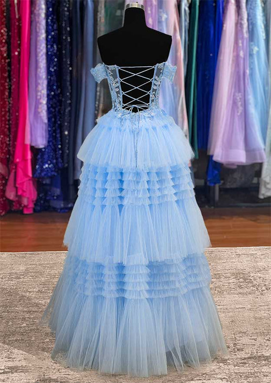 A-line Princess Off-the-Shoulder Tulle Prom Dress with Appliqued Beading Ruffles-27dress