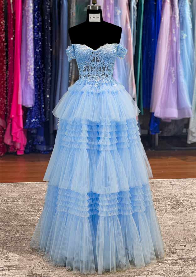 A-line Princess Off-the-Shoulder Tulle Prom Dress with Appliqued Beading Ruffles-27dress