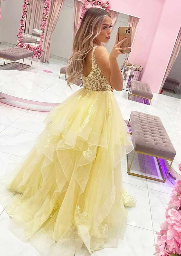 A-Line Princess V Neck Sleeveless Tulle Long Prom Dress With Lace-27dress