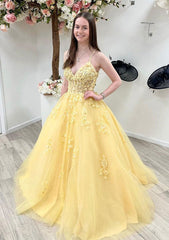 A-line Princess V Neck Sleeveless Tulle Prom Dress With Beading Lace Appliques-27dress