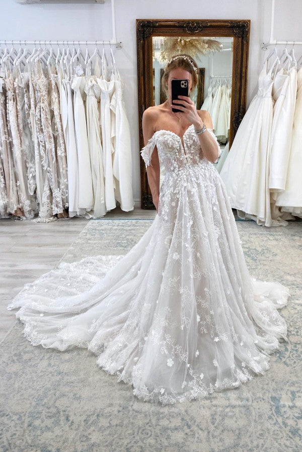 A-Line Backless Off-the-Shoulder Sweetheart Lace Wedding Dress - 27