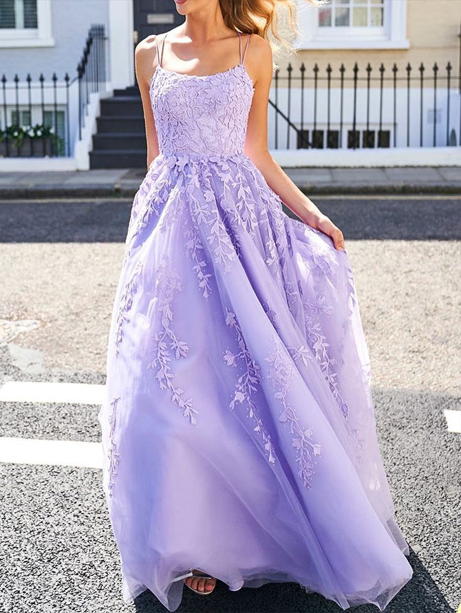 A-Line Prom Dress: Square Neckline, Sleeveless Lace, Floor-Length, Appliques Lace-27dress