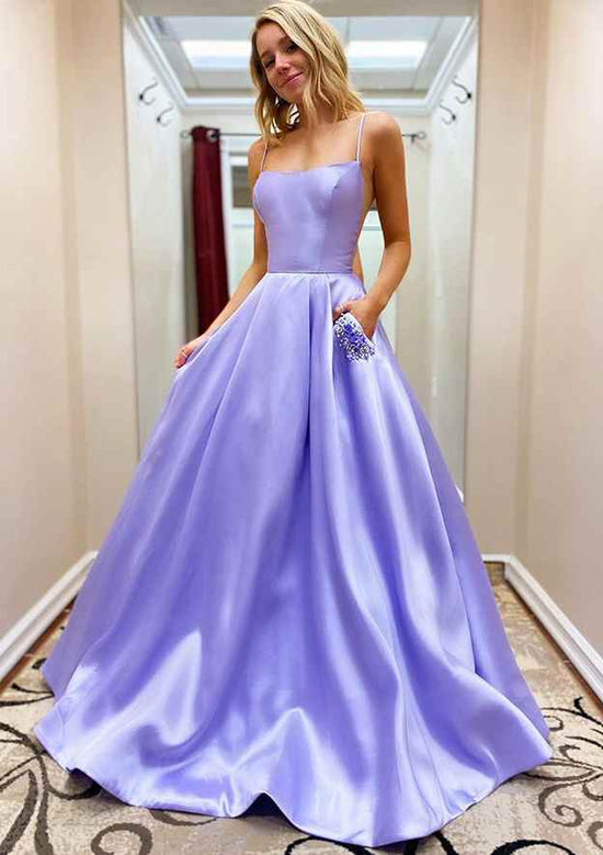 A-line Prom Dress with Square Neckline Spaghetti Straps Sweep Train Satin and Beaded Pockets-27dress