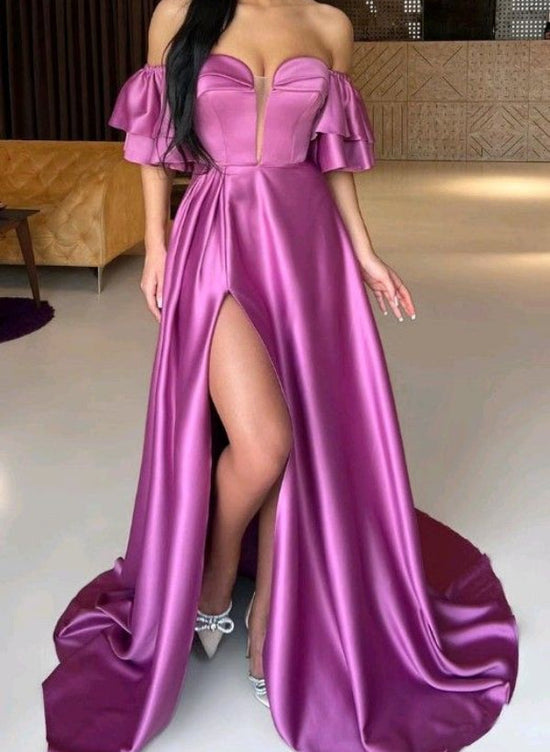 A-Line Satin Prom Dress With Split Front & Sweep Train-27dress