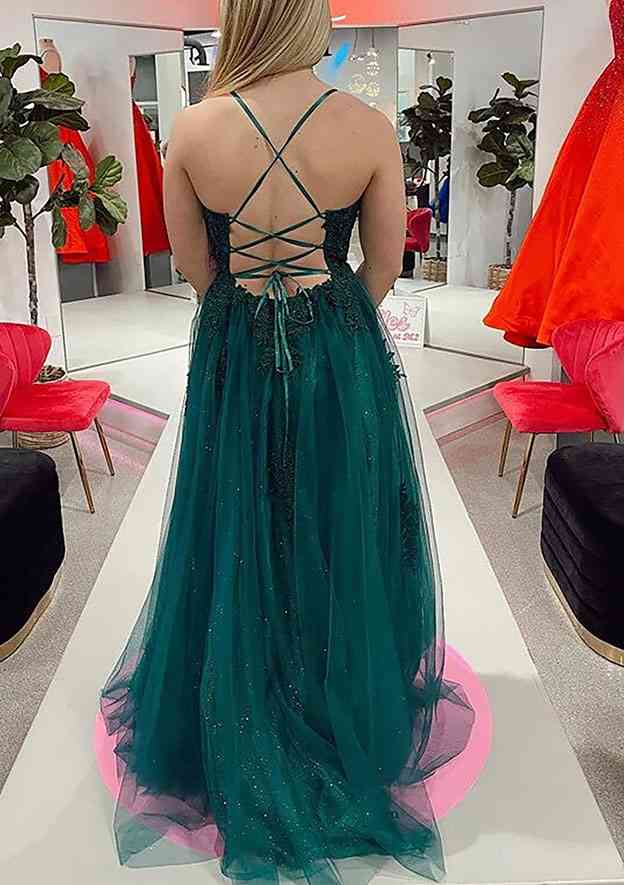 A-Line Scalloped Neck Spaghetti Straps Glitter Prom Dress with Appliqued Tulle-27dress