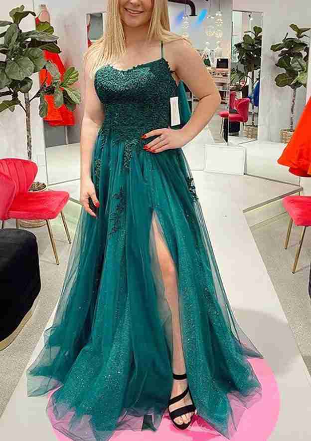 A-Line Scalloped Neck Spaghetti Straps Glitter Prom Dress with Appliqued Tulle-27dress