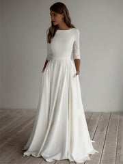A-Line Scoop Neck Chiffon Sweep Train Wedding Dress With Pockets