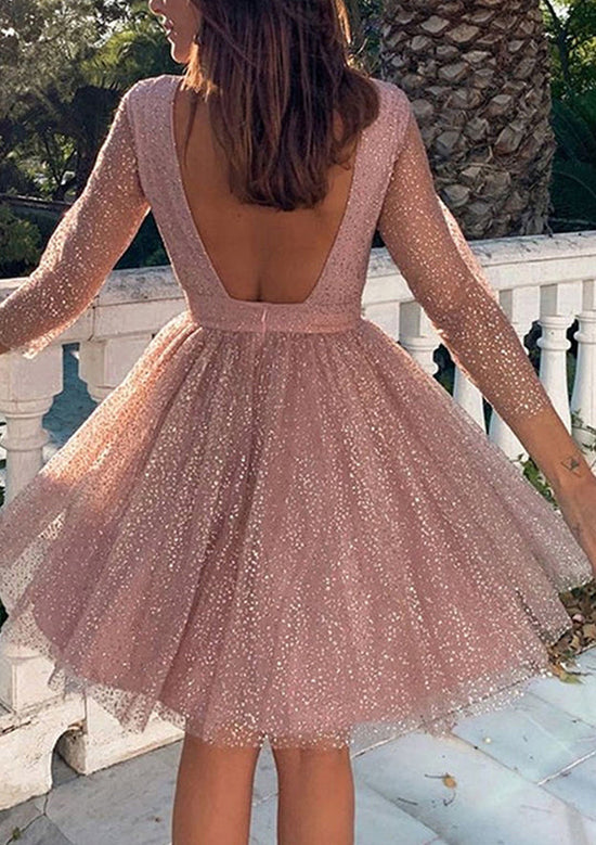 Load image into Gallery viewer, A-Line Scoop Neck Long Sleeve Metallic Yarn Short Homecoming Dress with Glitter-27dress
